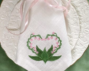 Embroidered Linen Napkin: Lily of the Valley, Rustic Spring Decor