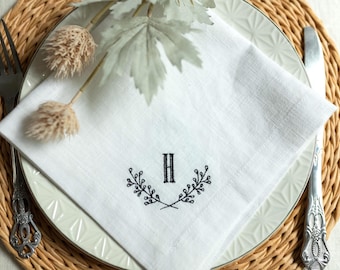 May include: White linen napkin featuring a black embroidered monogram of the letter "H" encircled by a wreath of leaves. The napkin is folded and positioned on a white plate with a woven placemat.