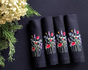 Embroidered Wildflower Linen Napkins: Rustic Floral Table Decor, Set of
