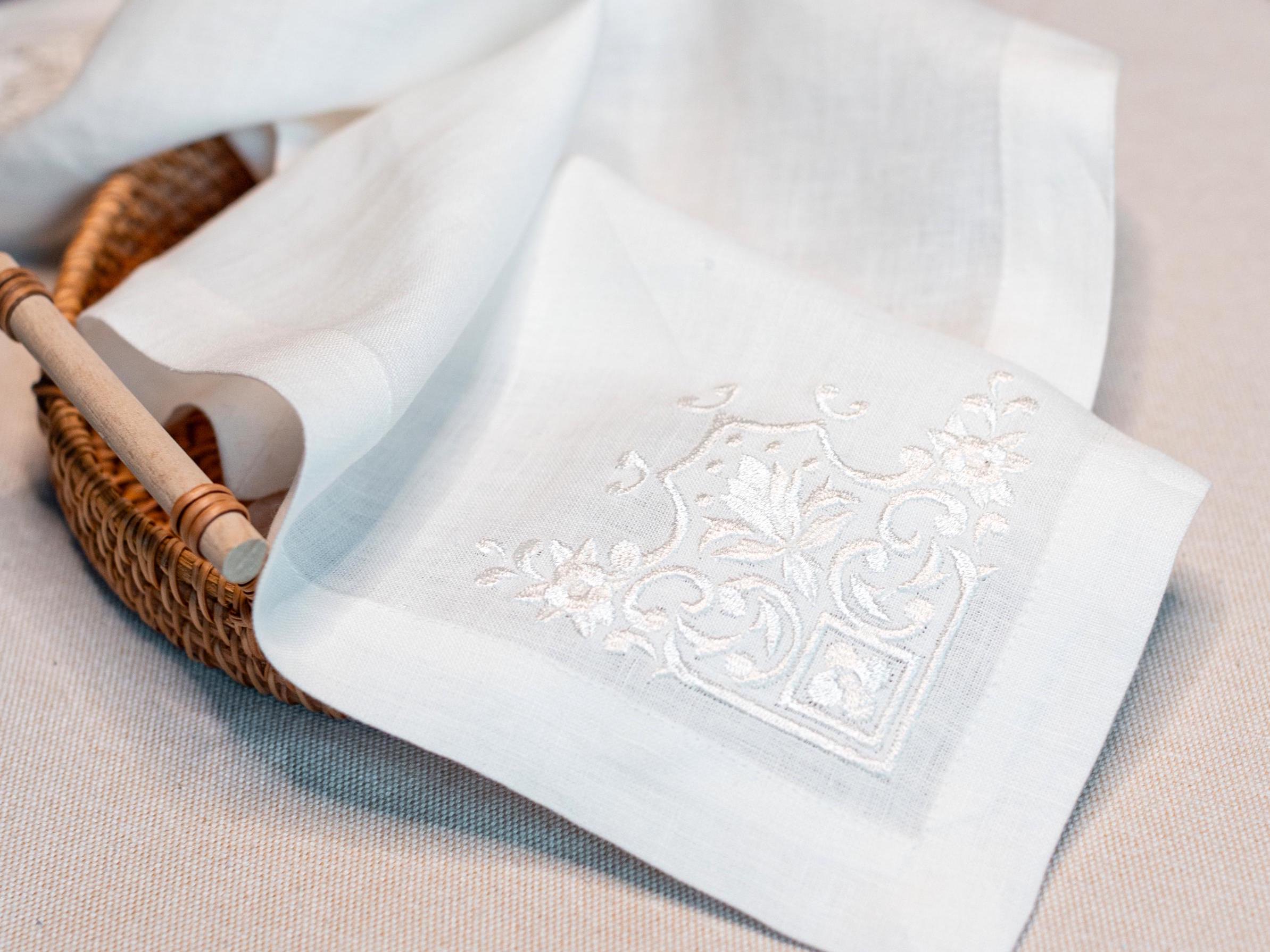 Natural Linen Napkins with White-on-White Embroidery, Elegant Table Linens, Perfect Gift for Mother's Day, Wedding, Easter, Housewarming