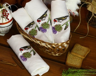 Embroidered Goldfinch and Thistle napkins, Cloth napkins, Linen napkins, Eco-friendly reusable napkins, Housewarming gift