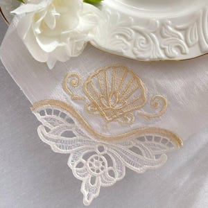 Embroidered Seashell Linen Napkins: Coastal Lace Wedding Decor