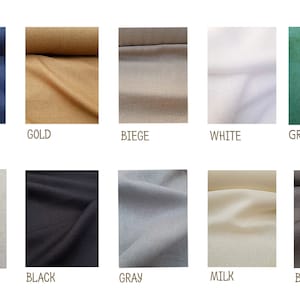 May include: A collection of fabric swatches in various colors, including blue, gold, beige, white, green, unpainted, black, gray, milk, and brown. The swatches are arranged in two rows of five.