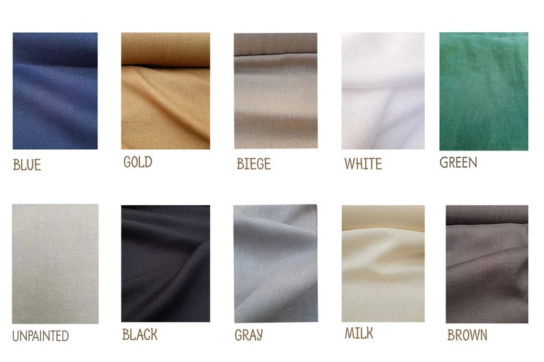 May include: A collection of fabric swatches in various colors, including blue, gold, beige, white, green, unpainted, black, gray, milk, and brown. The swatches are arranged in two rows of five.