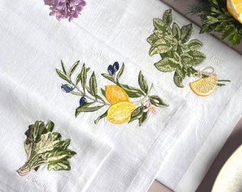 Mediterranean Embroidered Linen Napkins – Basil Lemon Olive Spinach Napkins – Luxury Table Decor – Botanical Cloth Napkins