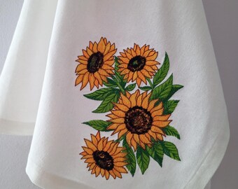 Sunflower Linen Tea Towel, Embroidered Kitchen Towel, Farmhouse Tea Towel, Rustic Kitchen Decor, Housewarming Gift, Linen Dish Towel