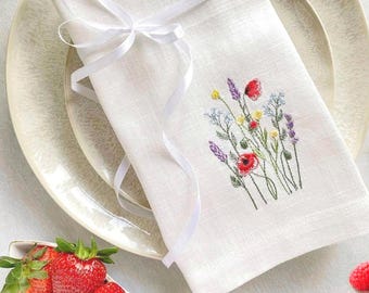 Embroidered Wildflower Linen Napkin: Rustic Floral Table Decor