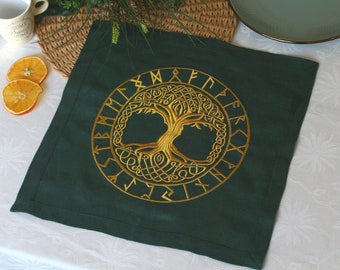 Embroidered Linen Napkin: Celtic Tree of Life Altar Tarot Cloth