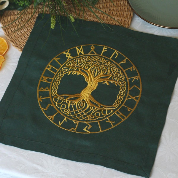 Linen napkin with Celtic Tree of Life with runic symbols, Altar cloth, Tarot cloth, Embroidered linen napkins, Tree of Life and Runes