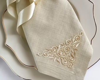 Embroidered Linen Napkin with Elegant Corner Embroidery | Wedding Napkin | Luxury Linen Table Decor