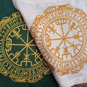 Embroidered Linen Altar Cloth: Vegvisir, Runes, Scandinavian Ornament