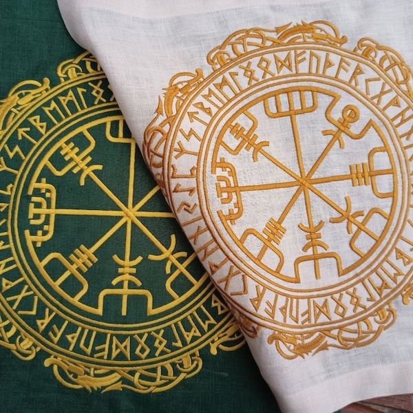 Linen Altar Cloth with Vegvisir Embroidery, Spiritual Decor Featuring Runes and Scandinavian Ornament, Pagan & Norse Worship, Viking Compass