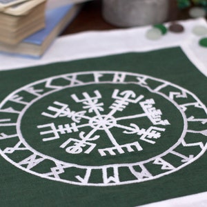 Viking Compass Altar Cloth - Vegvísir in Green & White 100% Natural Linen with Runic Circle Embroidery - Pagan Ceremony Cloth