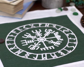 Viking Compass Altar Cloth - Vegvísir in Green & White 100% Natural Linen with Runic Circle Embroidery - Pagan Ceremony Cloth