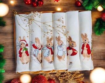 Guardanapos de linho bordados com o Peter Rabbit, decoração de mesa inspirada em contos de fadas de inverno, conjunto de 6 peças