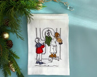 Vintage haftowane lniane serwetki świąteczne – dekoracja świąteczna, zestaw 6 sztuk