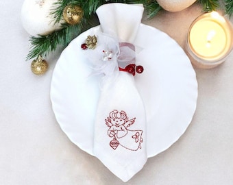 Personalized Christmas Linen Napkins: Embroidered Angel, Custom Holiday Table Decor