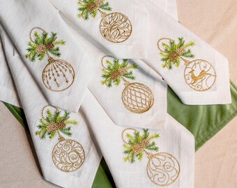 モノグラム刺繍リネンナプキン、6枚セット、クリスマスの