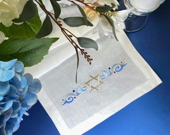 Embroidered Star of David Linen Table Runner: Jewish Holiday Decor