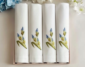 Embroidered Iris Napkins, White Cotton Dinner Napkins, Blue Floral Table Linen, Botanical Wedding Decor, Elegant Cloth Napkins