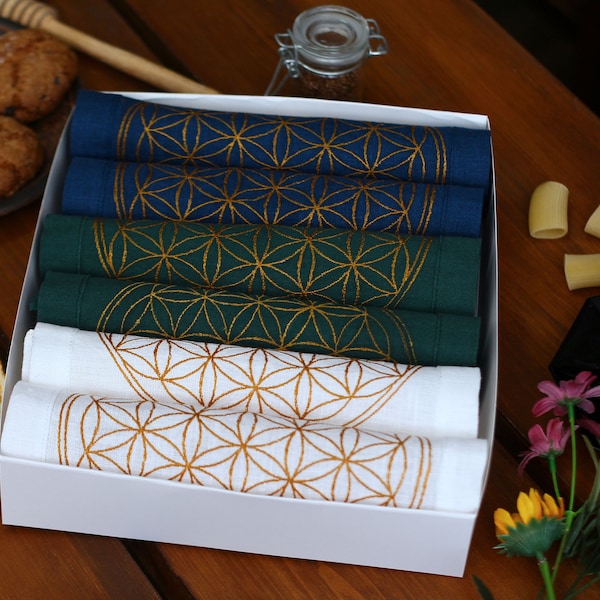 Sacred Geometry Linen Napkins - Flower of Life Embroidered Symbol, Self-Knowledge Gift, Custom Colors, Sacred geometry, Altar cloth