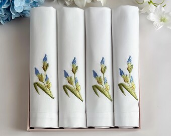 Embroidered Cotton Napkins Set of 4 – Blue Iris Floral Napkins, White Dinner Napkins, Spring Table Decor, Mother's Day Gift