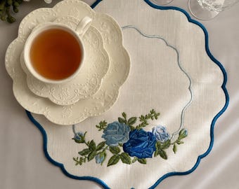 Moonlight Roses Embroidered Linen Placemat | Royal Albert Inspired Blue Rose Placemat | Scalloped Linen Table Mat | Cottagecore Table Decor