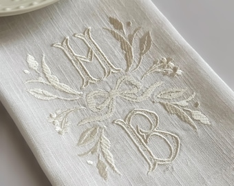 Embroidered Linen Napkins, Custom Monogram, Botanical Branches, Wedding Table Decor