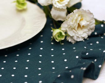 Ruffled Linen Placemats, Polka Dot Table Mats, Round Placemats, Blue Coral Navy Table Decor, Romantic Dining Table Setting