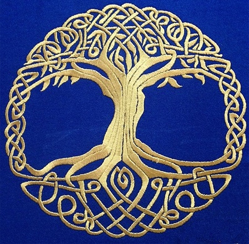 May include: A gold Celtic knot tree of life design on a blue background. The tree is stylized with intricate knots and swirls.