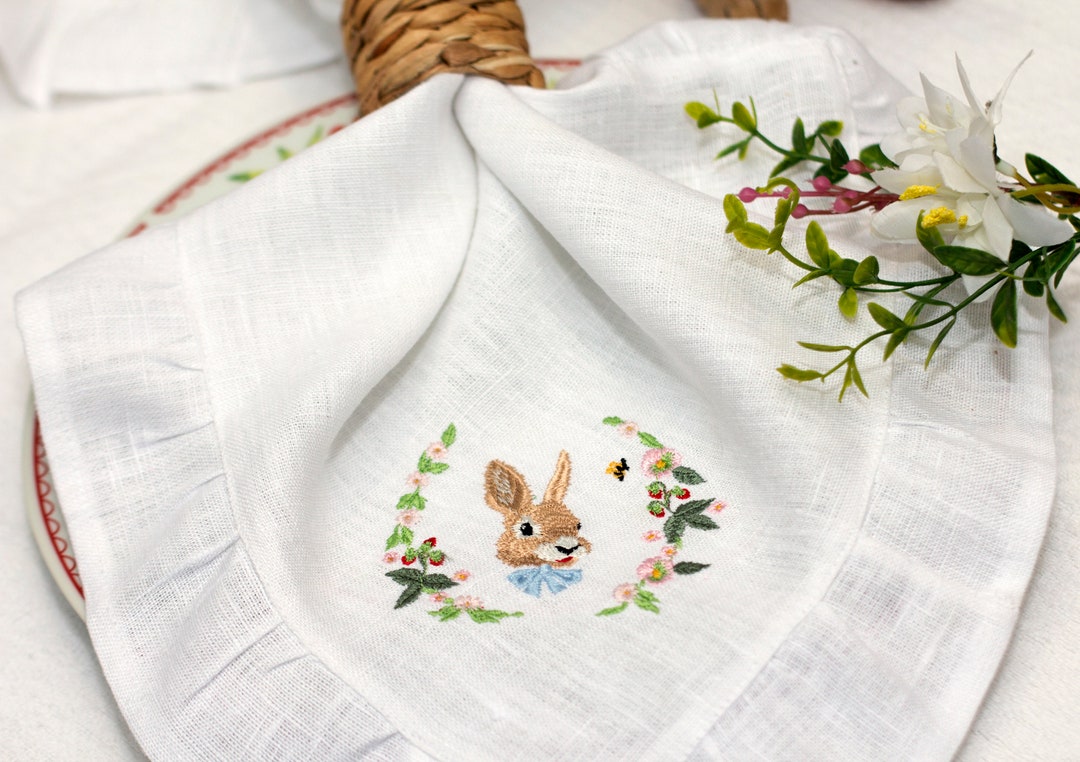 Ruffled Linen Embroidered Napkins Easter Embroidered Dinner Napkins