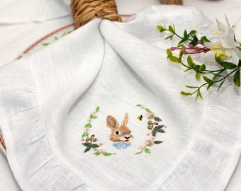 Ruffled linen embroidered napkins - Easter Embroidered Dinner Napkins - Easter decor - Home Linens - Easter Bunny Embroidered Napkins