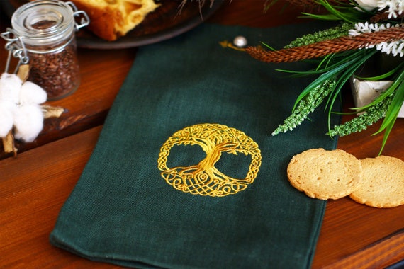 Tarot pouch, Embroidered linen bag, Tree of Life