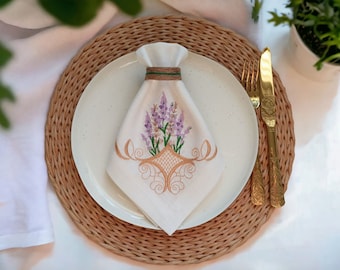 Embroidered Lavender Linen Napkins (40x40cm)