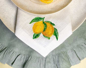 Embroidered Lemon Linen Napkin: Mediterranean Summer Table Decor