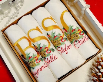 Personalized Christmas Napkins, Monogram Linen Napkins with Name, Custom Holiday Table Decor, Family Christmas Gift