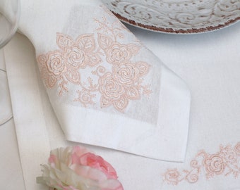 Embroidered Linen Napkins – Floral Rose Design, Custom Table Linens