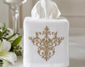 Embroidered Linen Tissue Box Cover |Cusrom Linen Tissue Holder | Elegant Bathroom and Home Decor