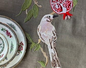 Linen Table Runner with Embroidered Pomegranate & Bird | Botanical Table Runner | Luxury Rustic Table Decor | Nature-Inspired Dining Runner