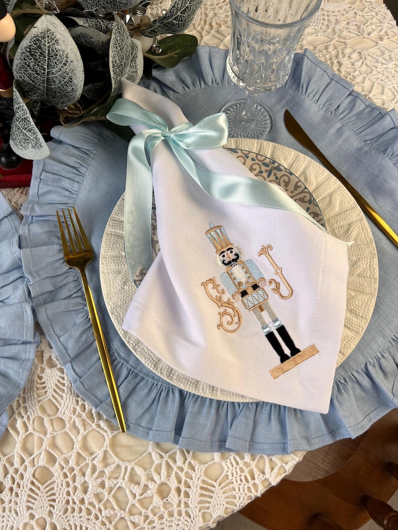 Nutcracker Embroidered Linen Napkins - Personalized Christmas Table Decor - Holiday Gift Set - Custom Monogrammed Linens - Ballet Lover Gift