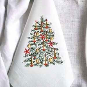 Embroidered Christmas Tree Linen Dinner Napkins - Set of 6