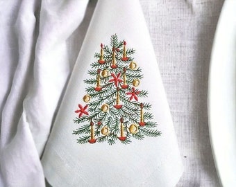 Set of 6 Linen Dinner Napkins with Christmas Tree Embroidery - Yuletide decor, Holiday Table Decor, Elegant Festive Setting, Christmas Gift