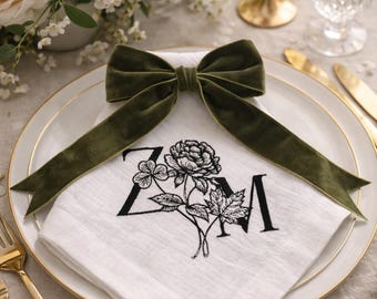 Personalized Linen Wedding Napkins with Botanical Monogram | Warm White Linen | Custom Initials | Wedding Place Settings | Heirloom Gift