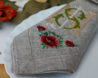 Personalized Napkins - Monogrammed linen napkins - Embroidered linen napkins with poppies - Summer home decor - Serviette - Zero dechet