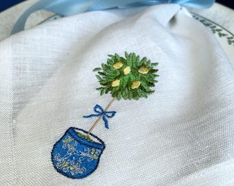 Embroidered Lemon Topiary Linen Napkins: Chinoiserie Table Decor