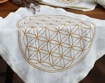 Embroidered Linen Napkins with Flower of Life Symbol | Sacred Geometry Altar Cloth | Unique Gift for Self-Discovery and Harmony