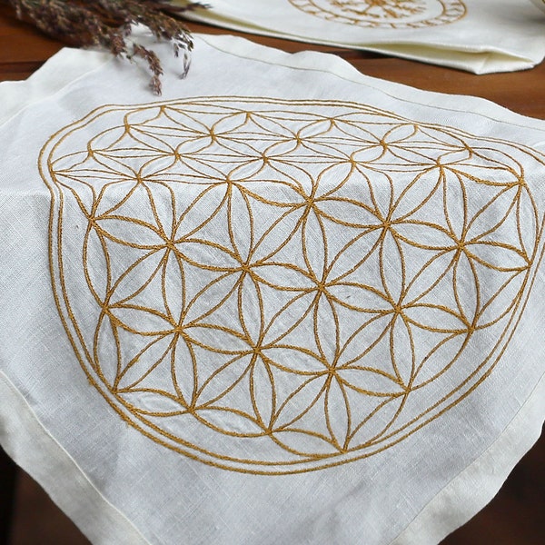 Embroidered Linen Napkins with Flower of Life Symbol | Sacred Geometry Altar Cloth | Unique Gift for Self-Discovery and Harmony