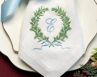 Embroidered Linen Napkins with Monogram, Christmas Personalized Holiday Table Decor, Custom Gift for Family & Weddings
