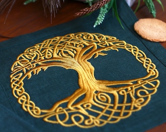 Napkin with Celtic Tree of Life, Altar cloth, Tarot cloth, Embroidered linen napkins
