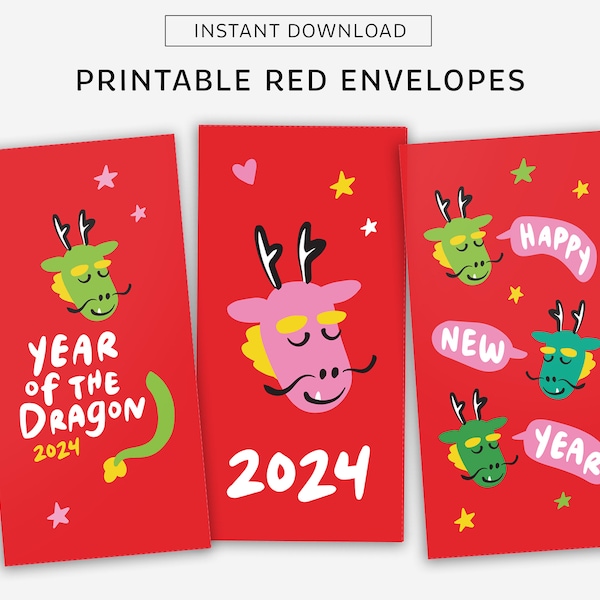 PRINTABLE Year of the Dragon 2024 Red Envelope DIGITAL DOWNLOAD | Red Envelope | Lunar New Year Print at home | Hong Bao | Lucky Envelope